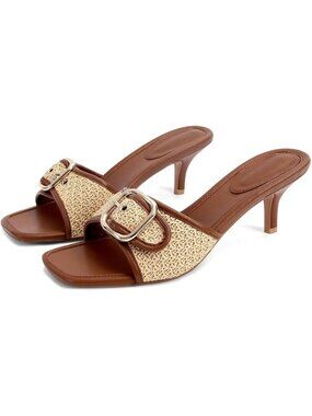 Women's Raffia Kitten Heel Sandals Stiletto Low Heels Slip On Slides Mule Sandal